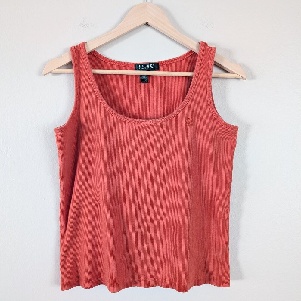 Lauren Ralph‎ Lauren Vibrant Coral Ribbed Cotton Tank Top Scoop Neck Logo Size L